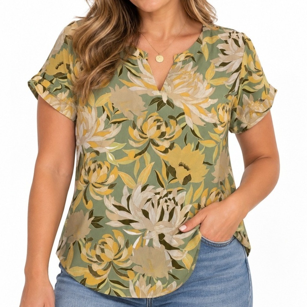 DR2 Blouse Women Large Green Floral Short Sleeve V-Neck Pleated Back Office Wear